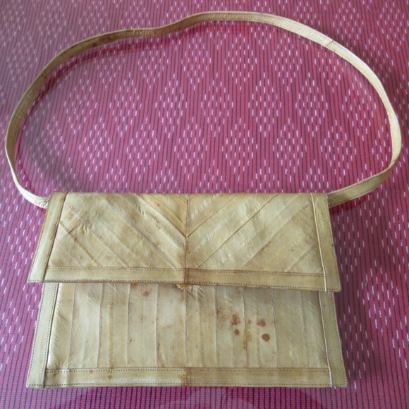 VINTAGE GENUINE EEL SKIN LEATHER CLUTCH WITH DETACHABLE SHOULDER STRAP - Picture 2 of 16